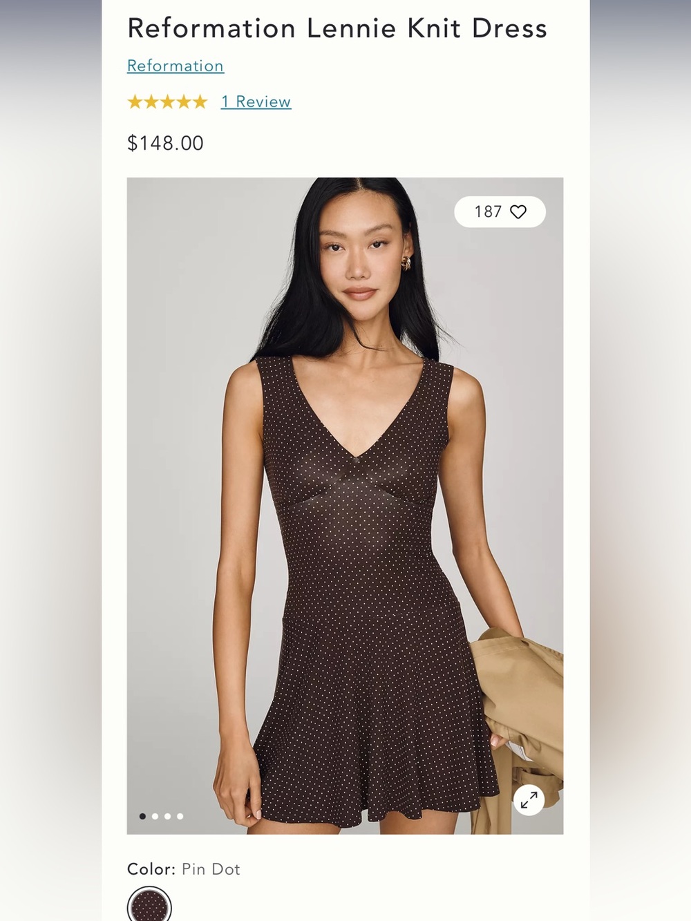 NWT🌷Reformation Lennie Lightweight Knit Dress in Chocolate Polka Dot Print - Picture 5 of 13